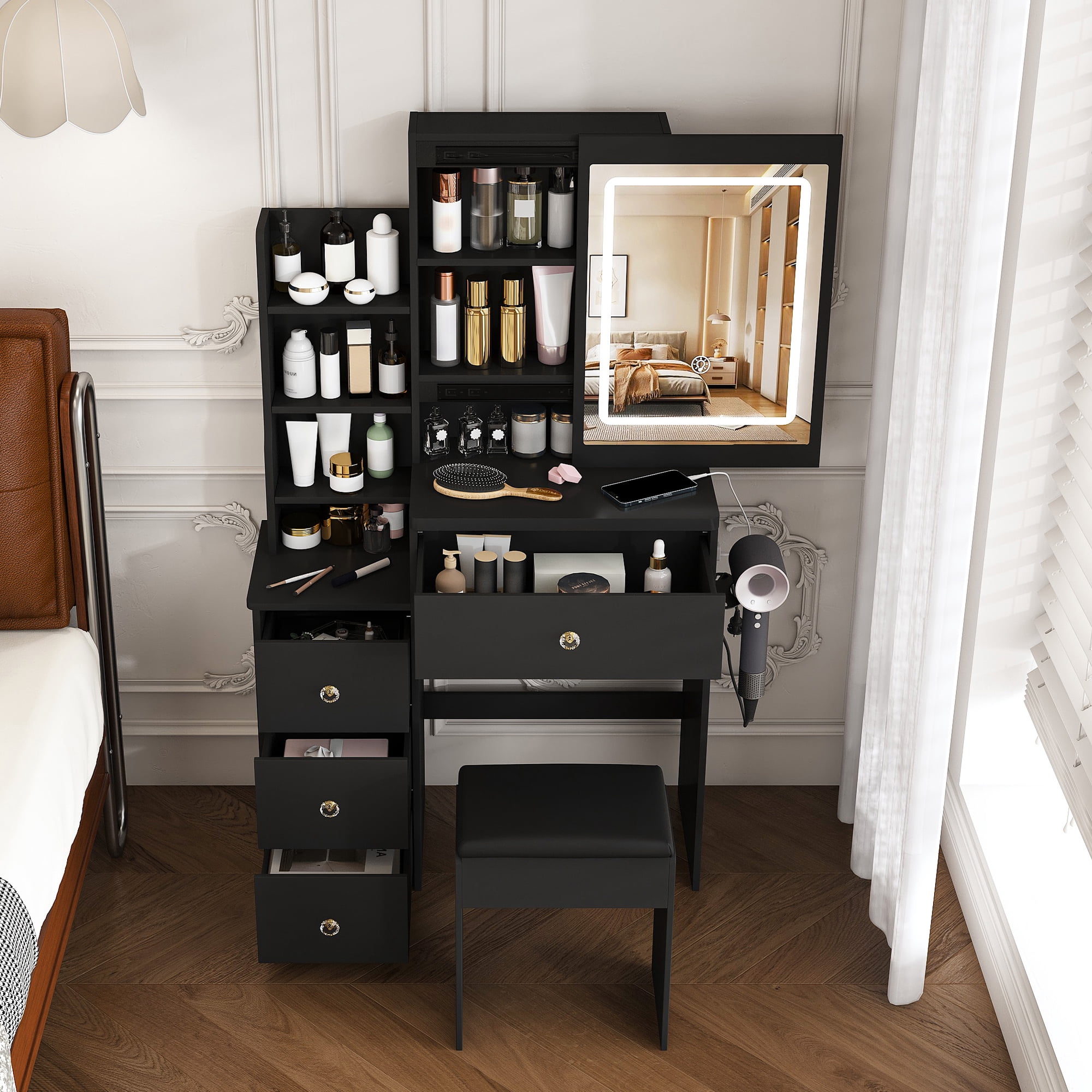 Modern Vanity Desk ,featuring 3 modes of LED lighting with adjustable ...