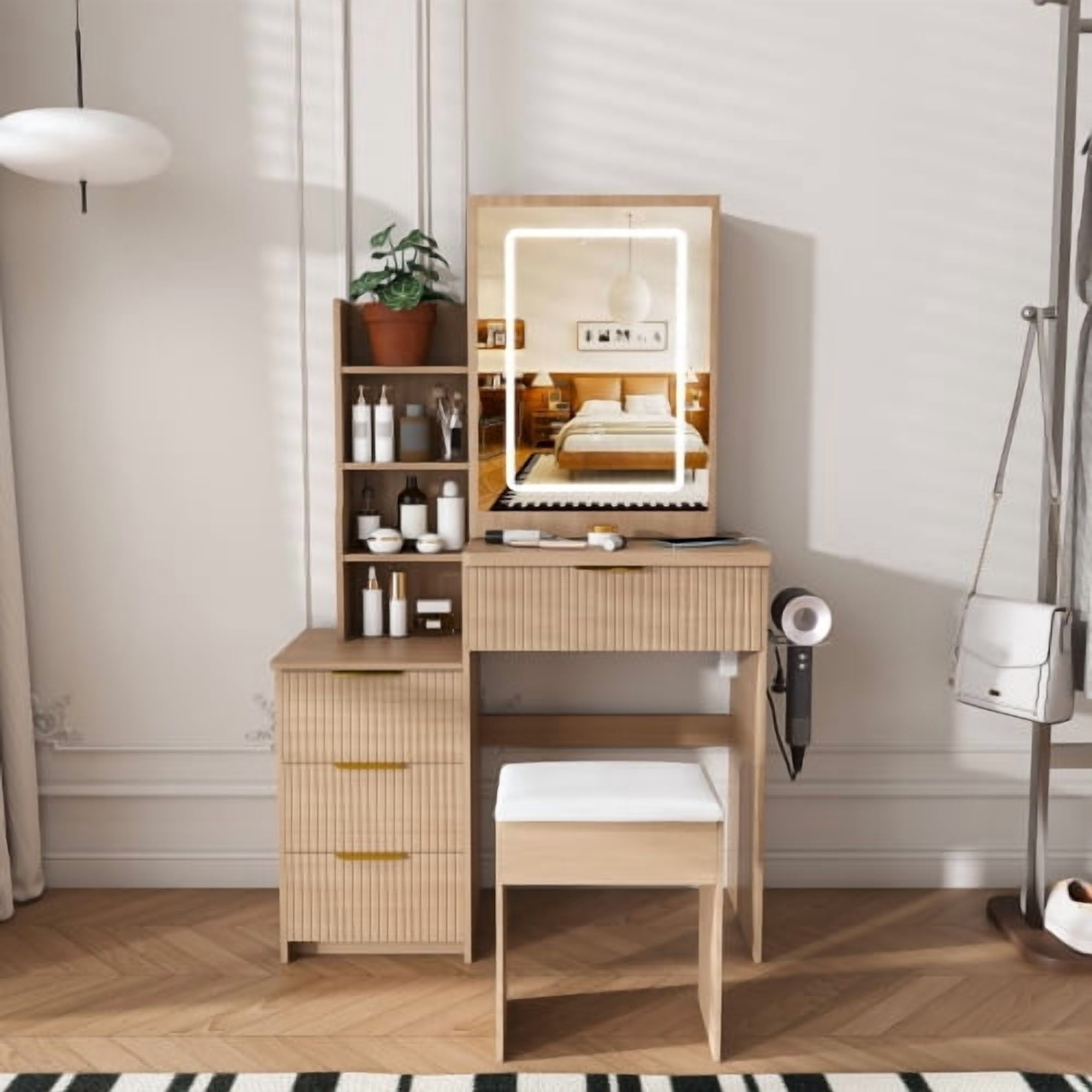 Modern Vanity Desk ,featuring 3 modes of LED lighting with adjustable brightness , with 4 drawers and multiple open storage shelves, with a hair dryer holder and power socket, a dressing chair.