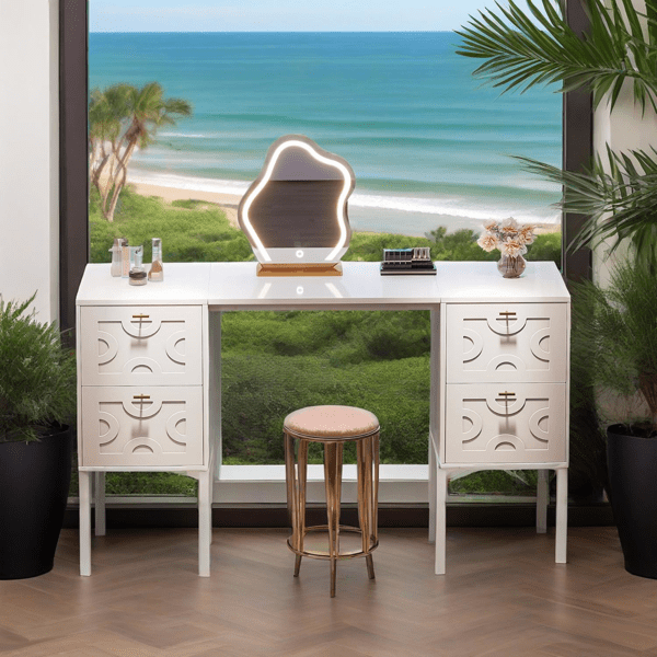 Modern Vanity Desk with 4 Drawers - Gold Metal Legs, Geometric Design, Anti-Tip Straps - Multi-Functional for Makeup, Work & Small Spaces, Furniture