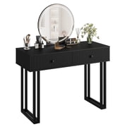Modern Vanity Desk with HD Lighted Round Mirror   2 Drawers   3-Color Adjustable LED Lights   Compact Makeup Table for Bedroom   Black, 1 Meter