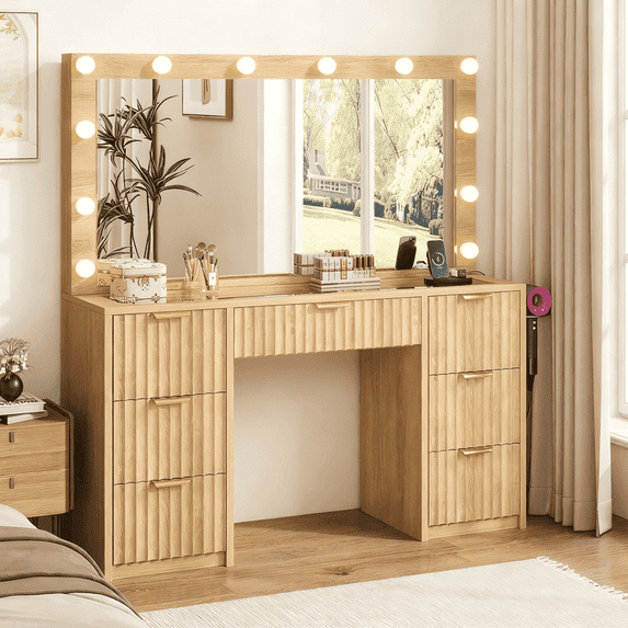 47-Inch Makeup Vanity Desk with Lighted Mirror, LED Lights, Glass Top & 7 Drawers, Dressing Table with Charging Ports for Bedroom