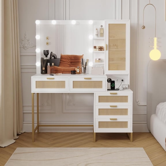 Modern Vanity Desk with Lighted Mirror, LED Makeup Table with Charging Station, Storage Drawers, and Open Shelves,White&Gold
