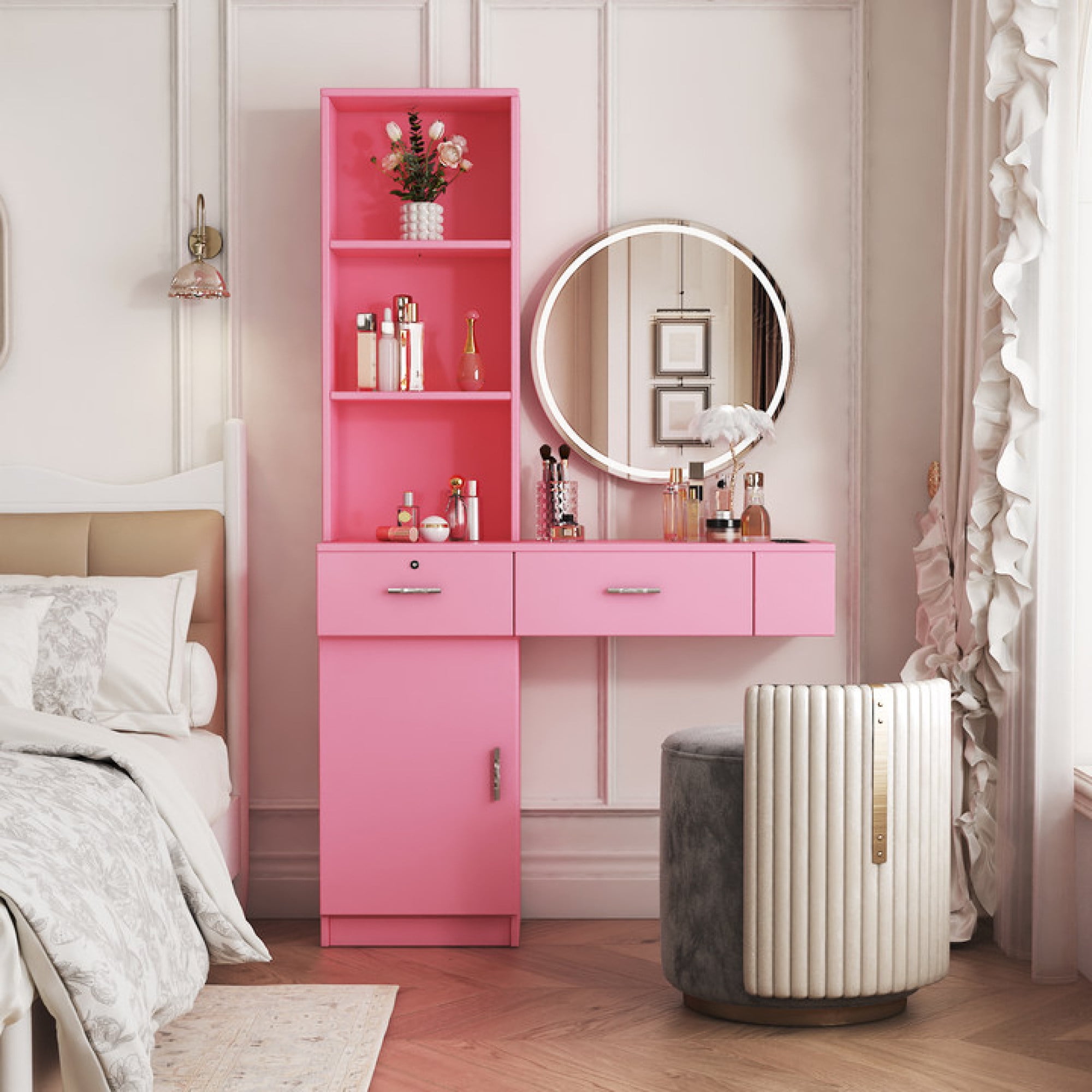 Modern Vanity Desk with Lights Makeup Vanity Dressing with Mirror Large Storage Space Pink