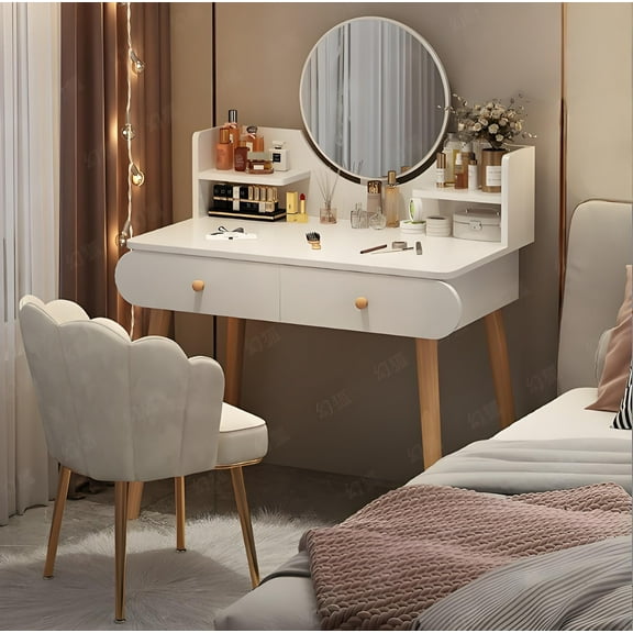 GAMBE Modern Vanity Desk , Dressing Table, 2 Drawers 2 Shelves for Bedroom, White (Without Stool)