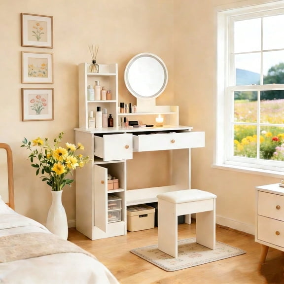 Modern Vanity Set with Stool, LED Mirror Makeup Table, White Wooden Dressing Table, Storage Drawers, Brightening Vanity Desk, Bedroom Furniture, Simple Elegant Design