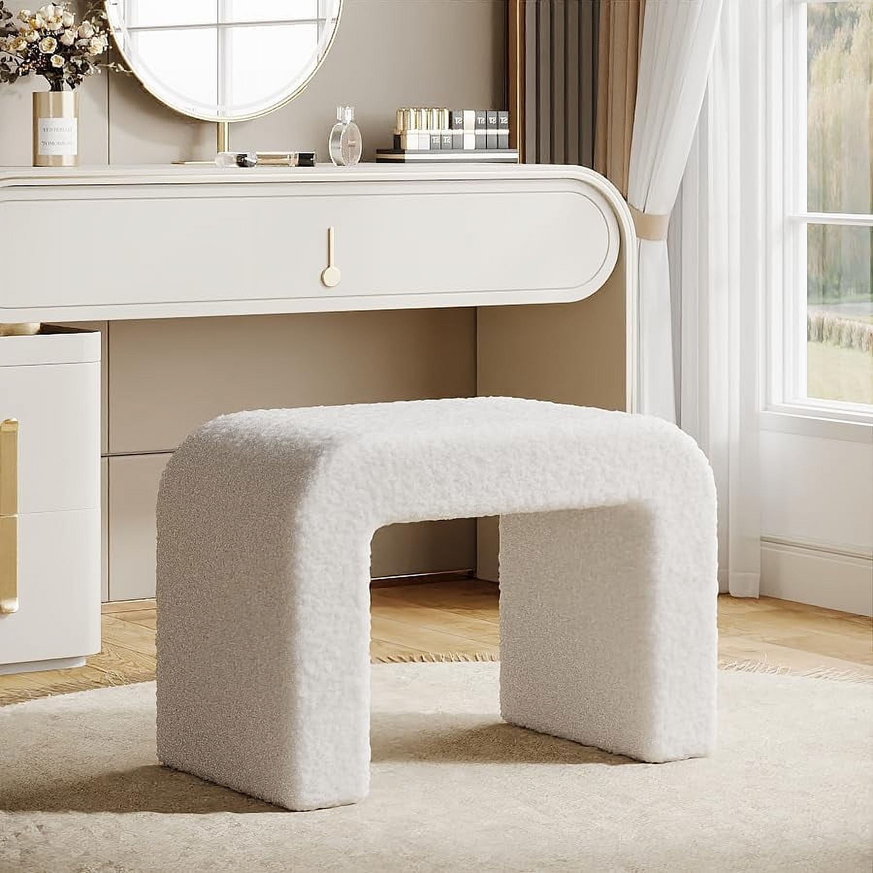 Modern Vanity Stool, Upholstered Ottoman, Arched Footstool, Sofa Footrest, Fully Assembled, White