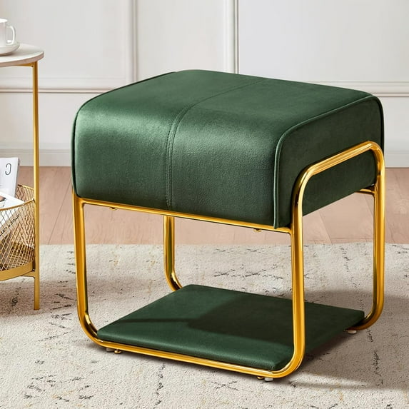 Modern Vanity Stools Chair, Makeup Chair with Gold Metal Frame, Velvet Ottoman Stools, Footstool Ottoman with Bottom Shelf, Padded Seat for Vanity Bedroom Living Room, Green