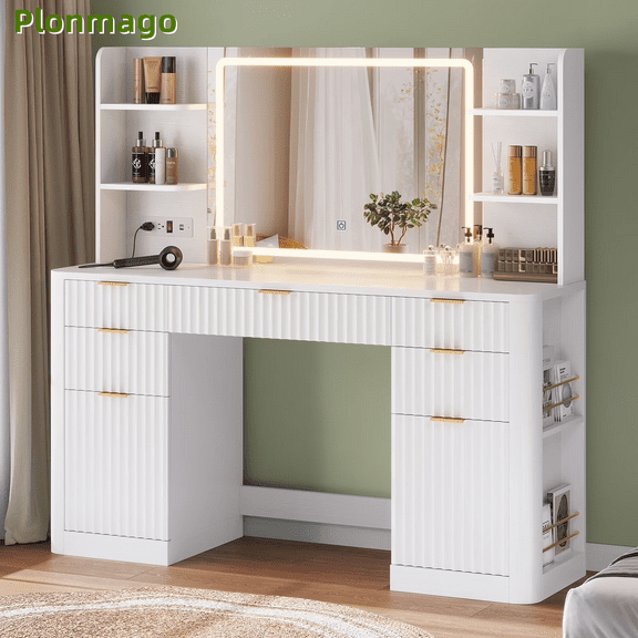 Plonmago Modern Vanity Table with Lighted Mirror, 5 Drawers, 2 Cabinets, and 6 Shelves, Vanity Desk with Lights and Power Strip,Modern Dressing Table Solid Wood Legs,White Fluted Finish