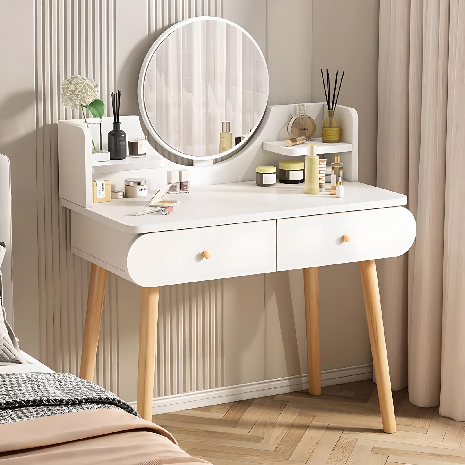 Modern Vanity Table Set with Round Mirror, Makeup Dressing Desk with 2  Storage Drawers, White(Without Stool) 