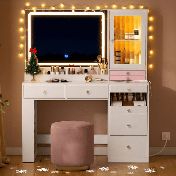 AOGLLATI Lighted Makeup Vanity Table with DIY Mirror and Lights & Large LED Cabinet, 8-Drawer Dressing Table with Charging Station, Bedroom Makeup Table