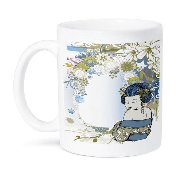 3dRose, Modern Vector Art Muted Blues And Tans Flowers Asian Floral and Geisha Girl Woman, 11oz Mug