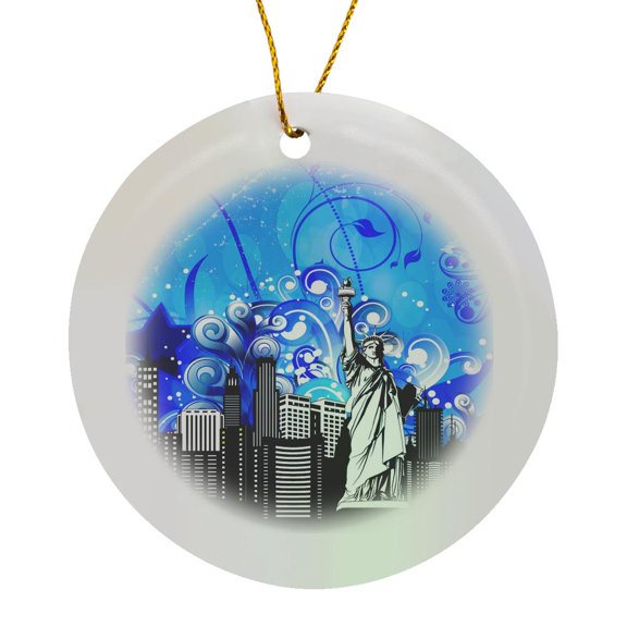 3drose, Modern Vector Urban Art New York Cityscape and Statue of Liberty Abstract Pop Art Style Sky, Circle Porcelain Ornament