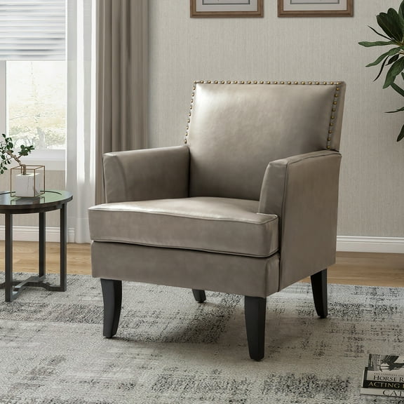 Modern Vegan Leather Accent Chair Upholstered Sofa Chair Arms & Wooden Legs Home Living Room Bedroom Grey
