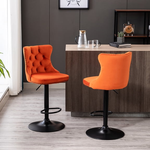 Modern Velvet Of 2 - Adjustable Seat Height 25-33 Inch, 17.7 Inch Base, Comfortable With Backs For Home Pub And Kitchen Island, Orange Piece Upholstered Height, 17.7" Back Comfort, Island