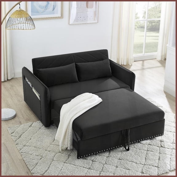 Modern Velvet 2-Seater Sleeper Sofa Bed with USB 3-Level Adjustable, Side Pockets & Lumbar Pillows for Living Room/Bedroom