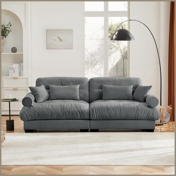 Modern Velvet 2-Seater Sofa with Bolstered Armrests Grey, Cloud-Like Comfort for Living Room, Bedroom & Loft