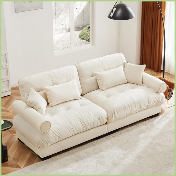 Modern Velvet 2-Seater Sofa with Bolstered Armrests & Pillows - Cream for Living Room, Loft, Bedroom