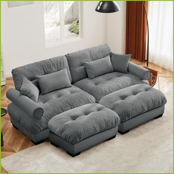 Modern Velvet 2-Seater Sofa with Ottoman, Round Armrests & Pillows – Living Room Ready | Grey | Velvet | Round Arms