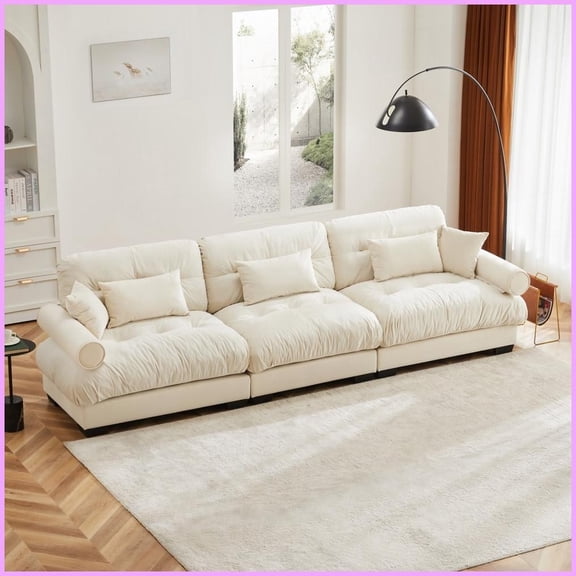 Modern Velvet 3-Seat Living Room Sofa - Cloud-Like Comfort with Waist & Throw Pillows, Cream