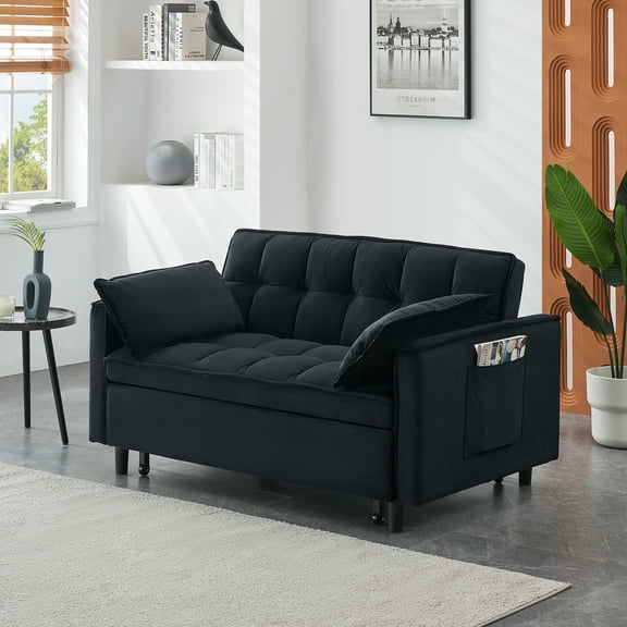 Modern Velvet 3-in-1 Convertible Sleeper Sofa Bed, Pull-Out Loveseat Couch with Backrest, Pillow, and Side Pockets, Small Space-Saving Sofa for Living Room, Apartment, or Guest Room (Black)