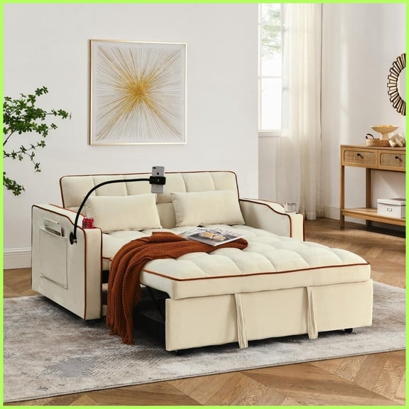 Modern Velvet 55.5'' 2-Seat Foldable Sofa Bed with USB Port & Swivel Phone Stand Beige