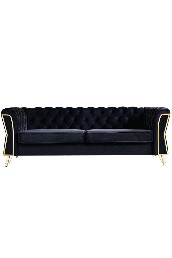 Modern Velvet 87.4 Inch, Black, Back With Flared Arms, Solid Wood Frame, High Foam, 2 Seat, Stylish Living Room Furniture Black Couch For Room, Structure, Elegant