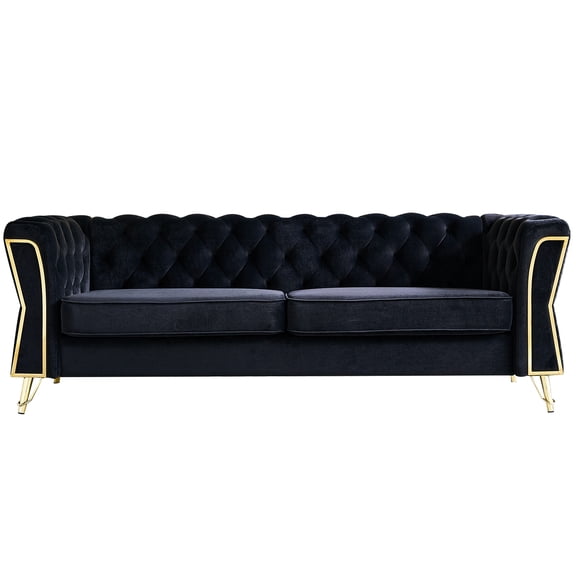 Modern Velvet 87.4 Inch, Black, Back With Flared Arms, Solid Wood Frame, High Foam, 2 Seat, Stylish Living Room Furniture Black Couch For Room, Structure, Elegant