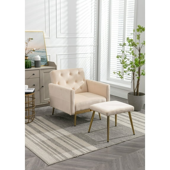 Modern Velvet Accent Armchair with Ottoman, Button Tufted Upholstered Reading Chair with Adjustable Armrests & Backrest, Recliner Chair with Metal Golden Legs for Living Room & Bedroom, Beige