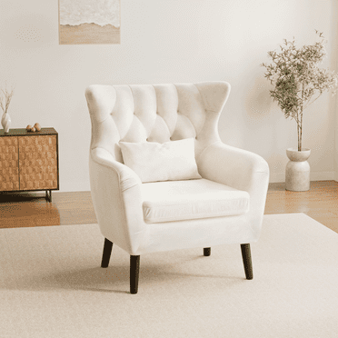 Modern Velvet Accent Chair Comfy Lounge Chair Thick cushion Tufted Button Solid Wood(Beige,1 Pack)