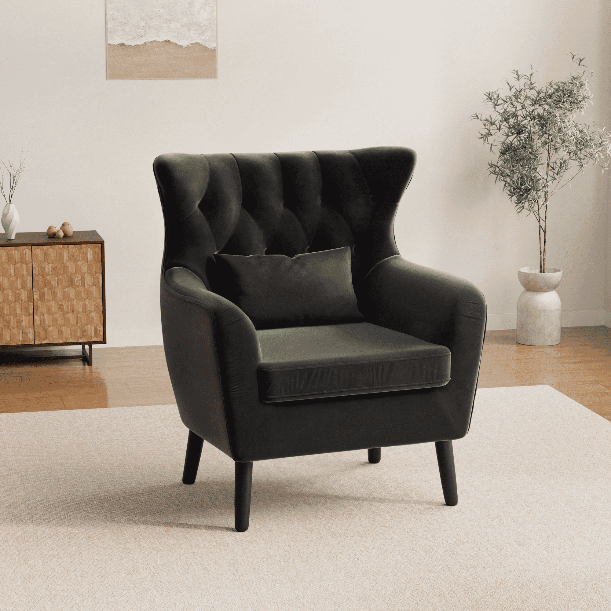 Modern Velvet Accent Chair Comfy Thick Cushion Tufted Button Solid Wood ...