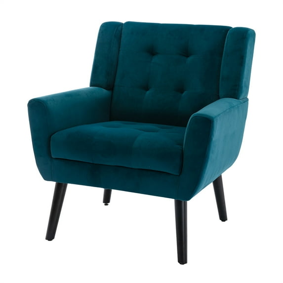 Modern Velvet Accent Chair Comfy Upholstered Reading Armchair Leisure Single Sofa Chair Living Room Chair Tufted Home Lounging Chair with Black Wood Legs, Padded Seat and Backrest, Teal