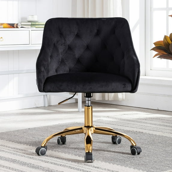 Modern Velvet Accent Chair, Comfy Upholstered Vanity Chair with 360 Degree Swivel, Height Adjustable Office Desk Chair, Task Chair with Soft Arm and Back for Home, Office, Black, D4353