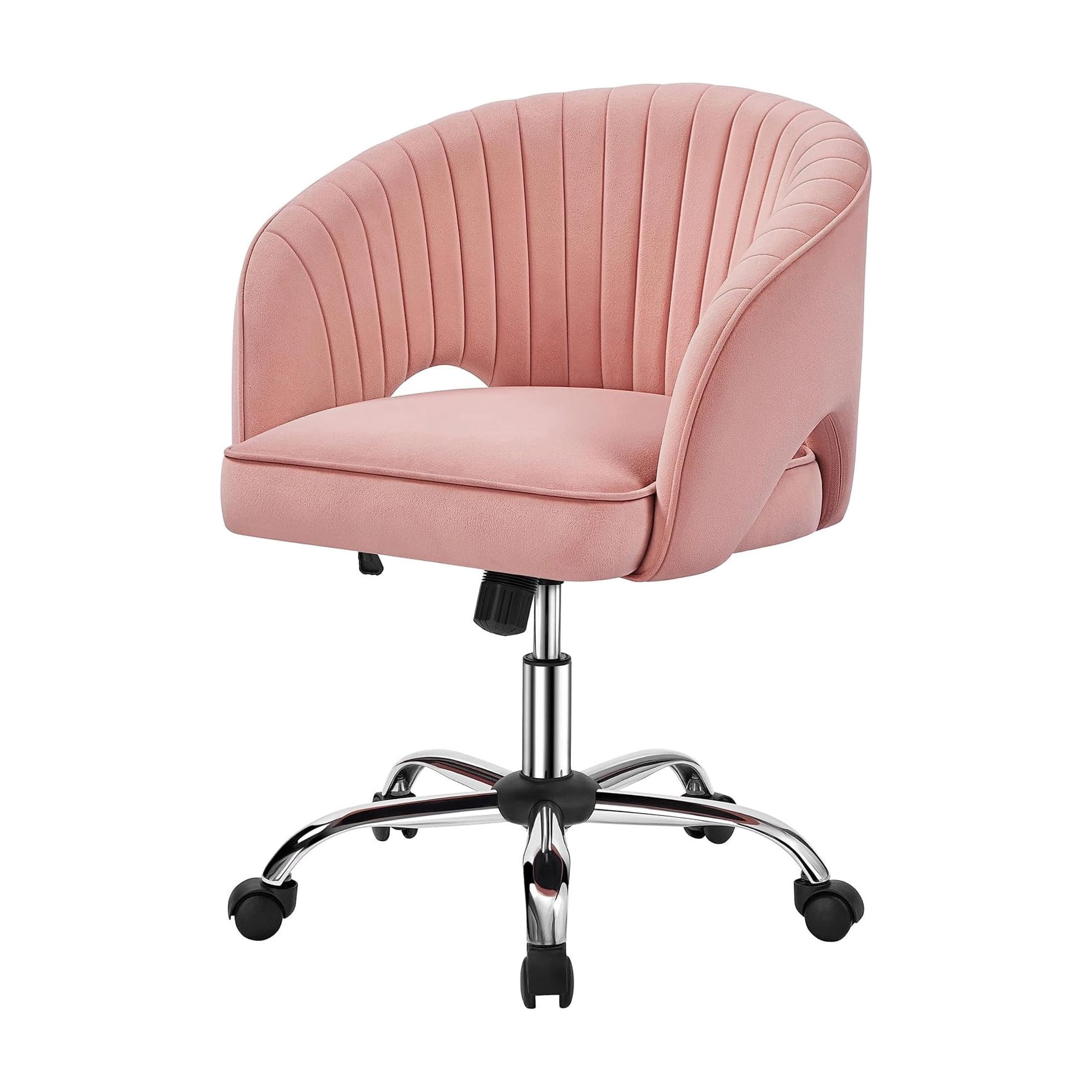 Modern Velvet Accent Chair, Cute Vanity Chair for Makeup Desk, Adjustable Tufted Barrel Back Armchair for Living Room Bedroom, Pink
