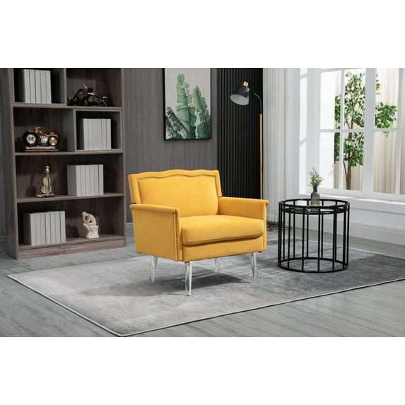 Modern Velvet Accent Chair, Living Room Leisure Single Sofa Chair with Acrylic Feet, Upholstered Reading Chair Armchair with Nailheads, Sofa Side Chair Lounge Chair for Home (Mustard)