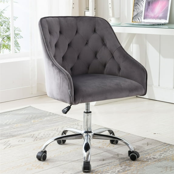 Modern Velvet Accent Chair, SYNGAR Comfy Upholstered Vanity Chair with 360 Degree Swivel, Height Adjustable Office Desk Chair, Task Chair with Soft Arm and Back for Home, Office, Gray, D4330