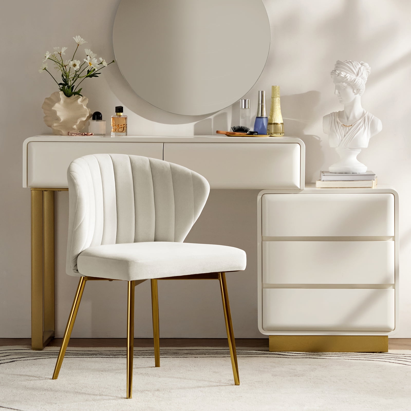 Ivory Velvet Upholstered Wingback Side Chair with Gold Metal Legs