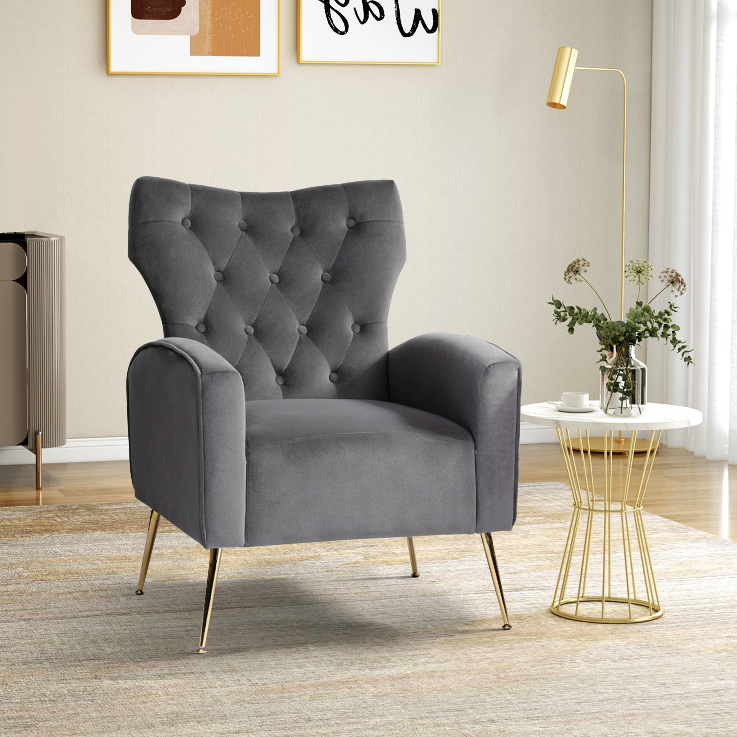 Modern Velvet Accent Chair Upholstered Sofa Armchair Button Tufted Metal Legs Adult Bedroom Home Living Room Grey - image 1 of 9
