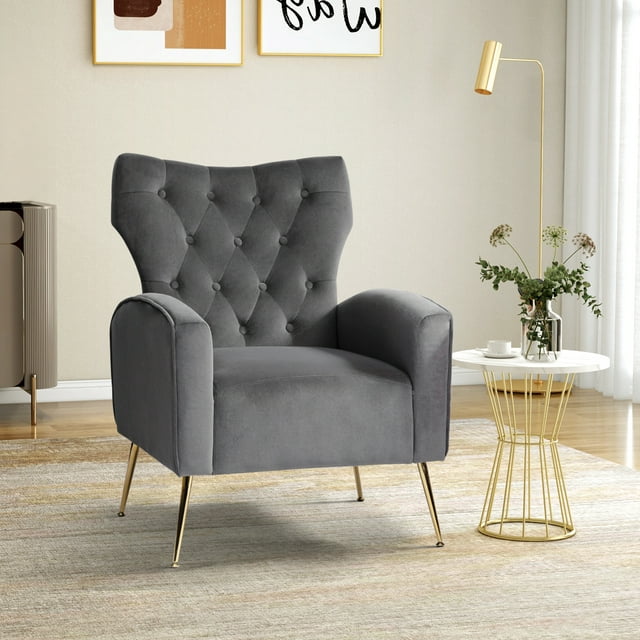 Modern Velvet Accent Chair Upholstered Sofa Armchair Button Tufted Metal Legs Adult Bedroom Home Living Room Grey