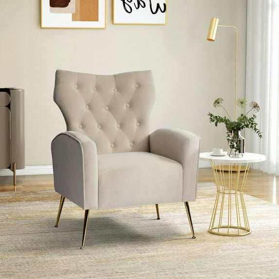 Modern Velvet Accent Chair Upholstered Sofa Armchair Button Tufted Metal Legs Adult Bedroom Home Living Room