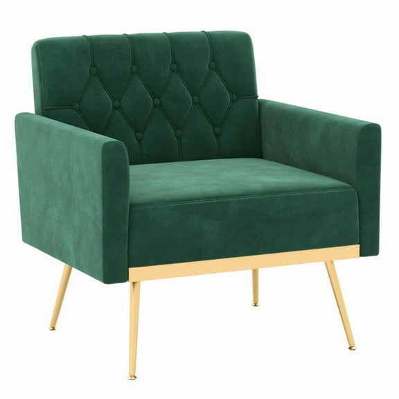 Modern Velvet Accent Chair with Button Tufted Back Golden Metal Legs and Adjustable Foot Pads