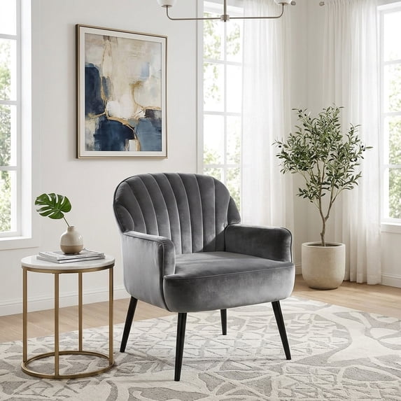 Modern Velvet Accent Chair with Metal Legs - Grey