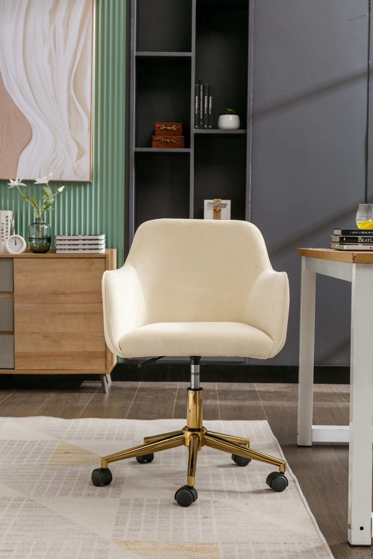 Modern Velvet Adjustable Height Office Chair with Gold Metal Legs, 360 ...