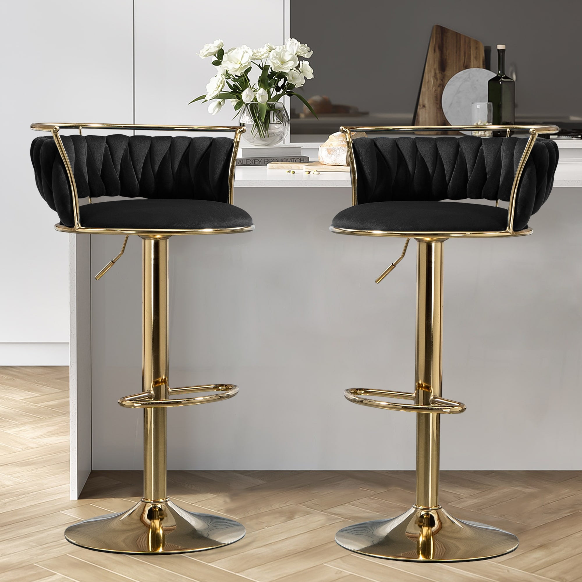 Black Velvet Adjustable Swivel Bar Stools with Gold Frame, Set of 2
