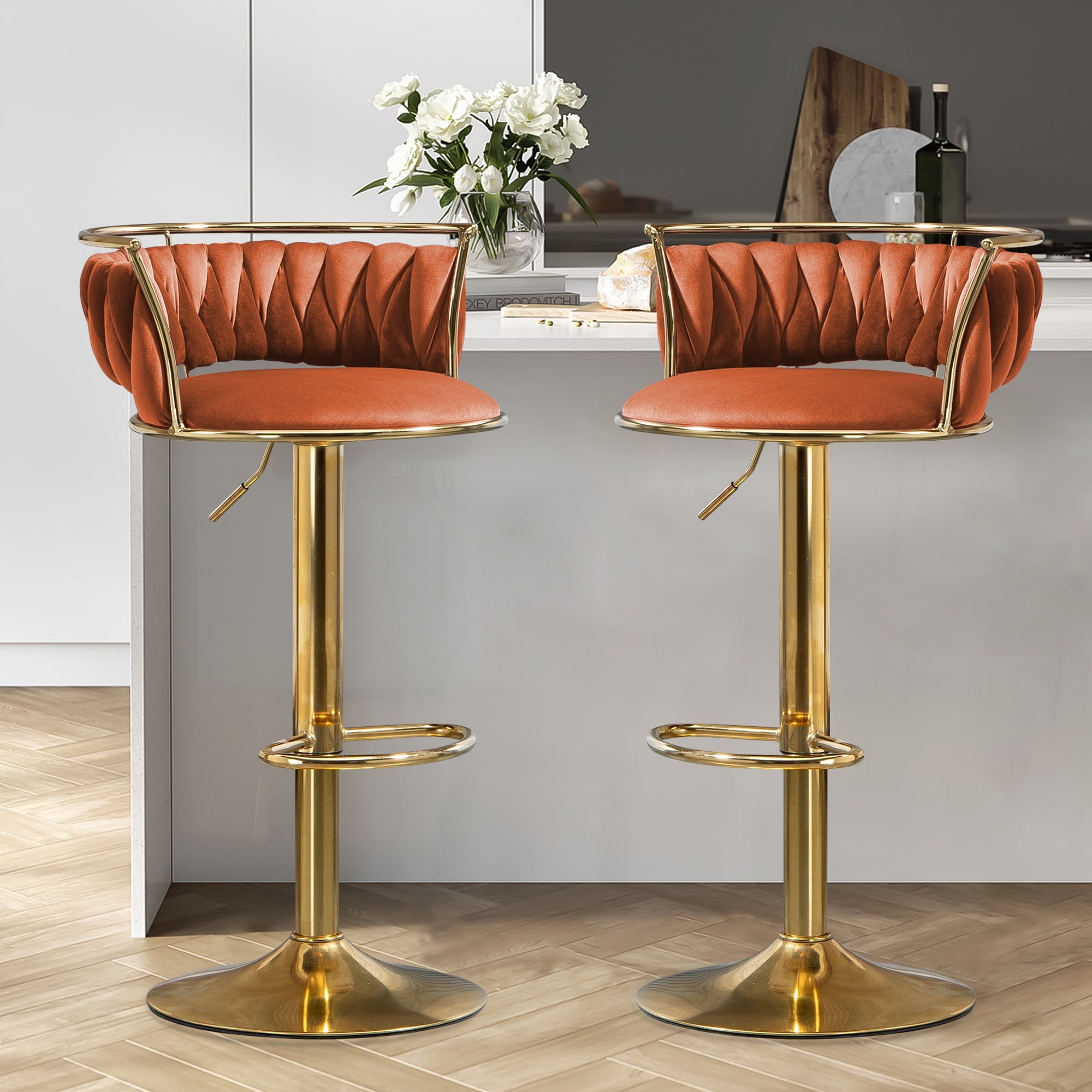 Orange Velvet Adjustable Swivel Bar Stools with Gold Metal Frame, Set of 2
