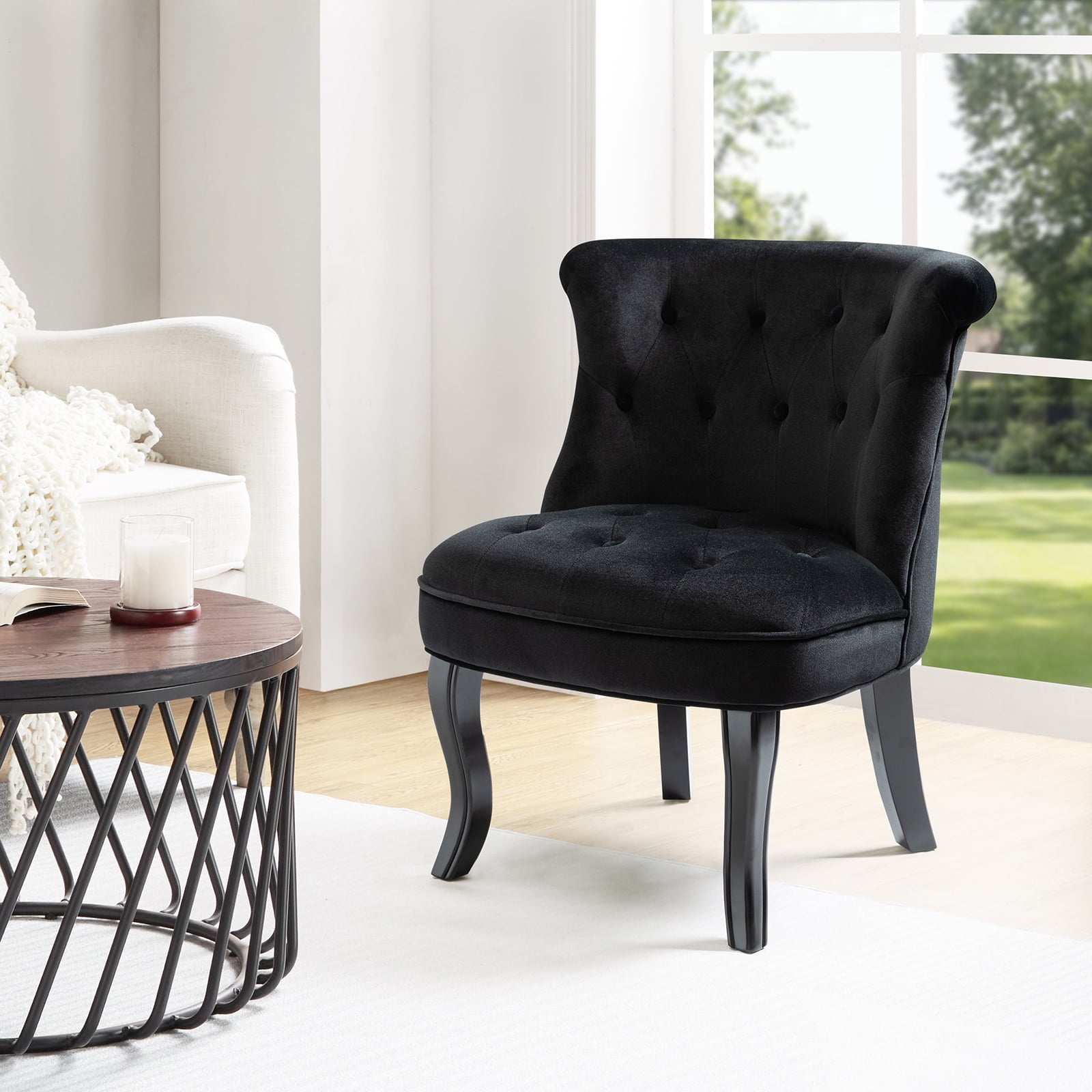 Free Shipping Modern Velvet Armless Accent Chair Upholstered Button Single Sofa Wooden Legs Home Bedroom Adult Black Walmart