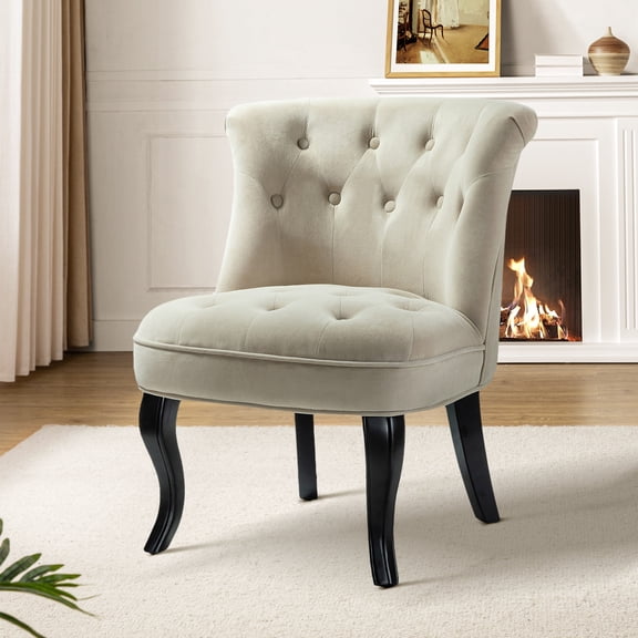 Modern Velvet Armless Accent Chair Upholstered Button Single Sofa Wooden Legs Home Bedroom Adult Tan