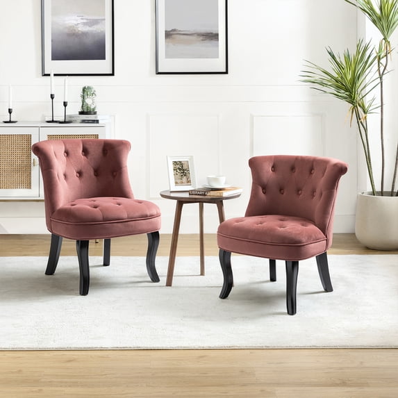 Modern Velvet Armless Accent Chairs Set of 2,Upholstered Fabric Button Single Sofa with Wooden Legs for Bedroom,Rosewood