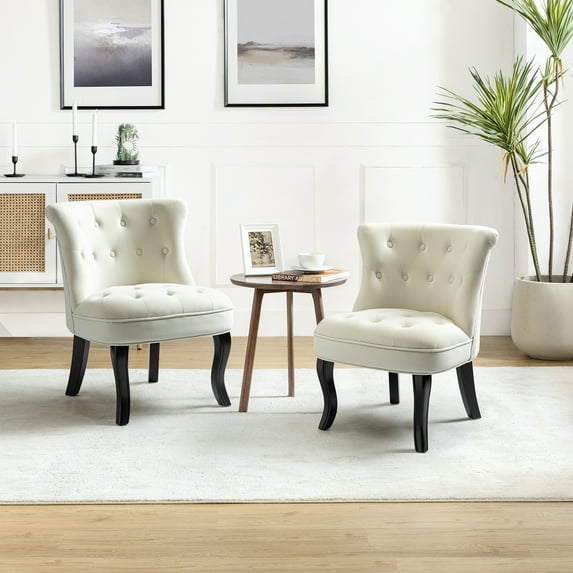 Modern Velvet Armless Accent Chairs Upholstered Button Single Sofa Set of 2 Wooden Legs Home Bedroom,Ivory
