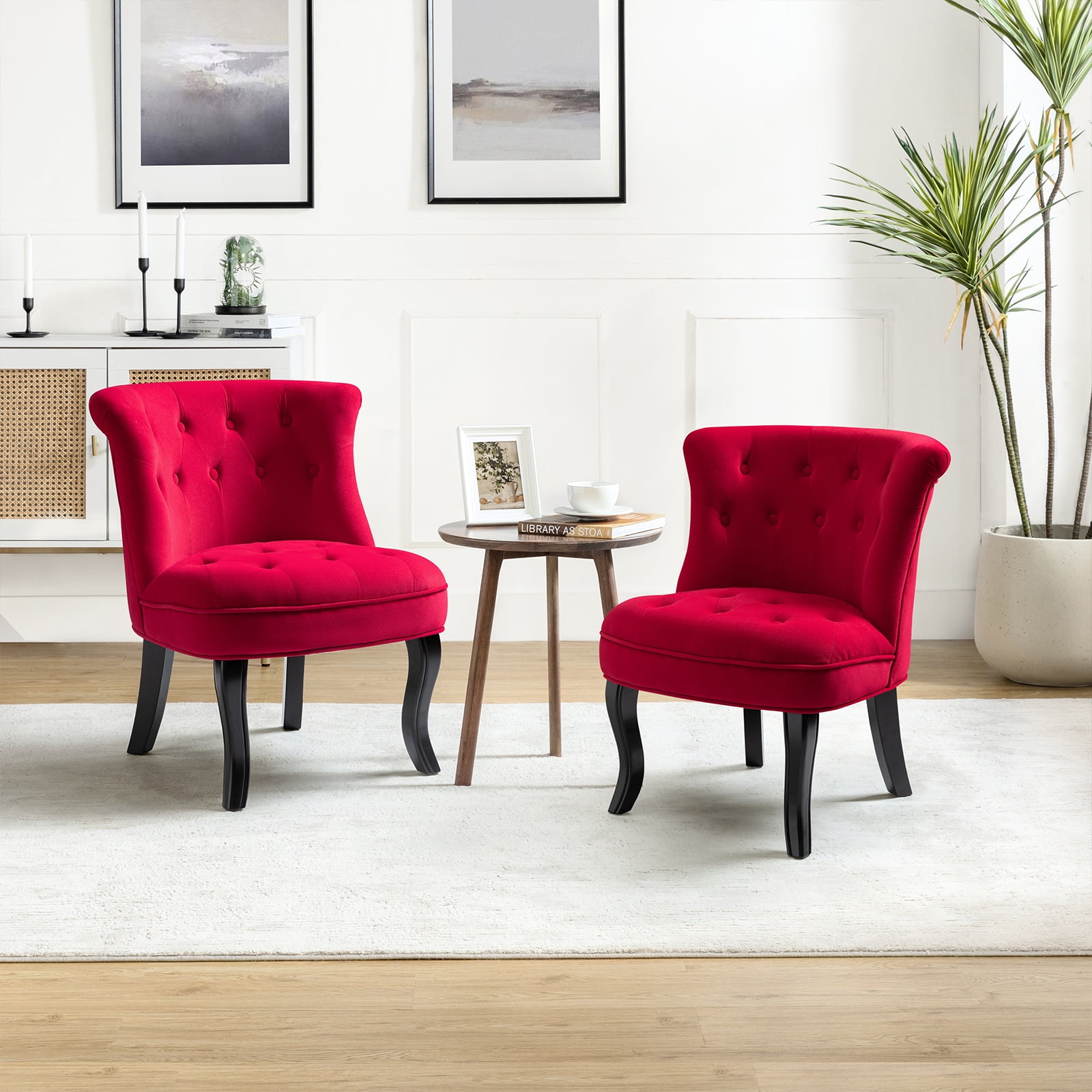 Red Velvet Tufted Armless Accent Chairs with Black Wooden Legs