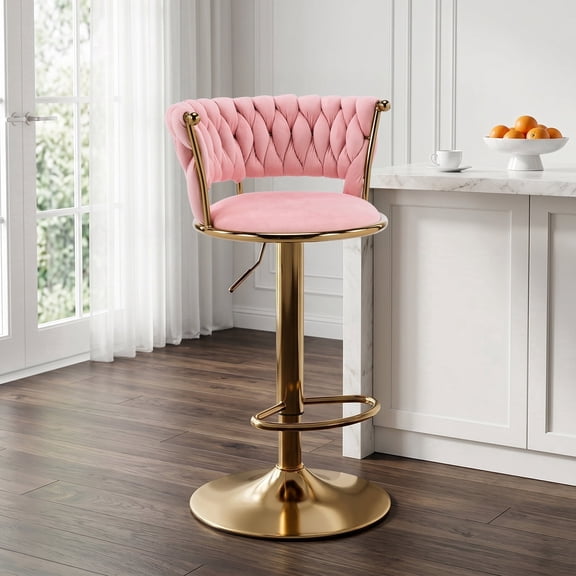 Modern Velvet Bar Stool, Adjustable Height Swivel Barstool, Counter Height Bar Chair with Back and Footrest for Kitchen Island & Dining Room, Pink